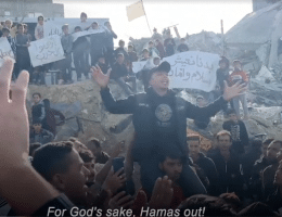 Protesters chant "Hamas get out!" during a demonstration in Beit Lahia in the northern Gaza Strip. (Screenshot via NBC News)